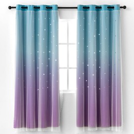 Reepow Kids Room Curtains with Hollow-Out Star and Tulle Overlay, Blue Purple Ombre Blackout Curtains for Boys Girls Bedroom - 52" x 63" x 2 Panels