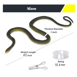 Zuzer Snake Toy 110 cm Realistic Rubber Snakes Joke Item Fake Snake Prank Toy with Cord and Clip, Snakes that Follow People