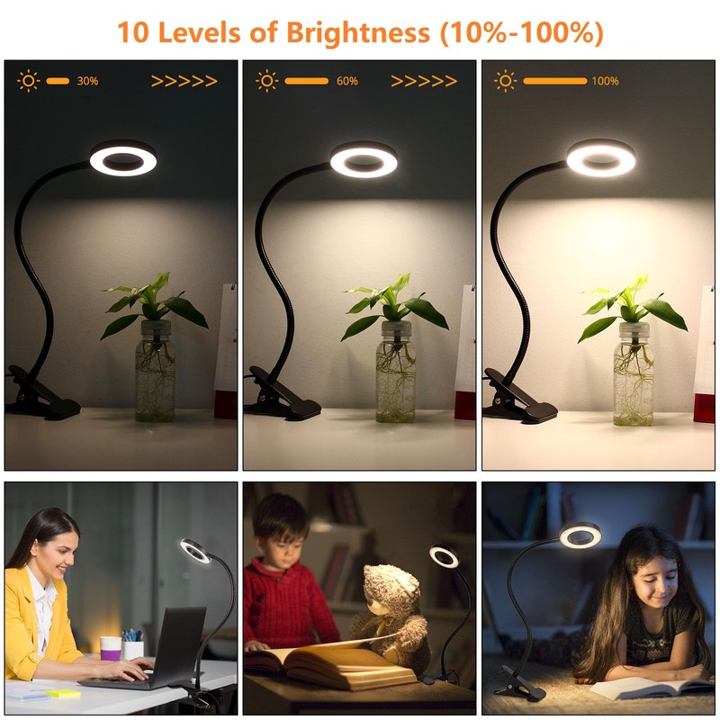 Woputne Desk Lamp Clip Light, 10 Dimmable Brightness 3 Light