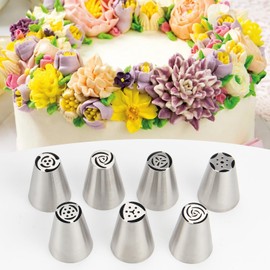 Baipesiy 7-Pieces Large Russian Piping Tip, 304 Stainless Steel Korean Style Nozzle, Creative Frosting, Buttercream, and Bean Paste Decorating Tip for Cupcakes, Cookies, and Desserts (L, Style 1)