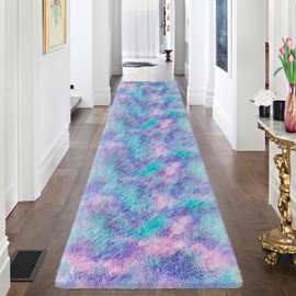 JiaoBaba Super Soft Fluffy Living Room Area Rug 2x8 ft Purple Rainbow Tie-Dyed Shaggy Furry Carpet Washable Non-Slip Carpets Bedroom Bedside Nursery Rug Cute Colorful Room Decor for Girls