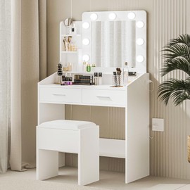 GarveeHome Vanity Desk with Mirror and Lights, Makeup Vanity with Power Outlet & Cushioned Stool, 3 Lighting Modes Adjustable Brightness, Dressing Table with Hairdryer Holder for Bedroom, White