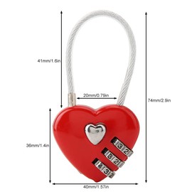 Heartshaped 3-Digit Code Combination Lock for Luggage, Bag Lock, Password, Security Padlock, Compact Size, Easy to Use (Red)