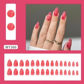 Press on Nails Almond Medium Length Hot Pink Fake Nails with White Line Designs Red Nails Press Ons Gradient False Nails Summer Glue on Nails Acrylic Full Cover Stick on Nails for Women Girl 24Pcs