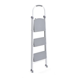 Rubbermaid RMS-3 3-Step Folding Ladder, Steel Step Stool with Hand Grip, 225-pound Capacity, White