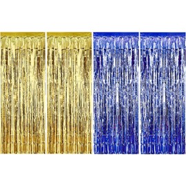 Sumind 4 Pack Foil Curtains Metallic Fringe Curtains Shimmer Curtain for Birthday Wedding Party Christmas Decorations (Blue and Gold)