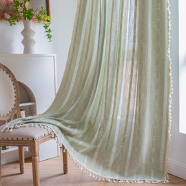 Sage Green Boho Curtains for Living Room 63 Inch Long 2 Panels Linen Semi Blackout Farmhouse Curtains for Bedroom French Country Embroidery Bohemian Chic Tassels Window Treatment Draperies 63’’Lx52’’W