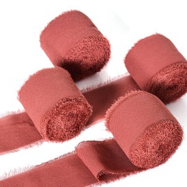 YAMA Chiffon Ribbon,Rust Red,1-1/2 inch x 28 Yards Fringe Fabric Silk Ribbon, 4 Rolls *7 yds, for Wedding Invitations, Bridal Bouquets, Gifts Wrapping, Bow Making & Home Decorations