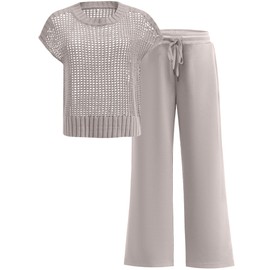 ANRABESS Women Two Piece Outfits Crochet Sheer Knit Sweater Top Wide Leg Pants Lounge Matching Sets Sweatsuit Travel Clothes light khaki X-Large