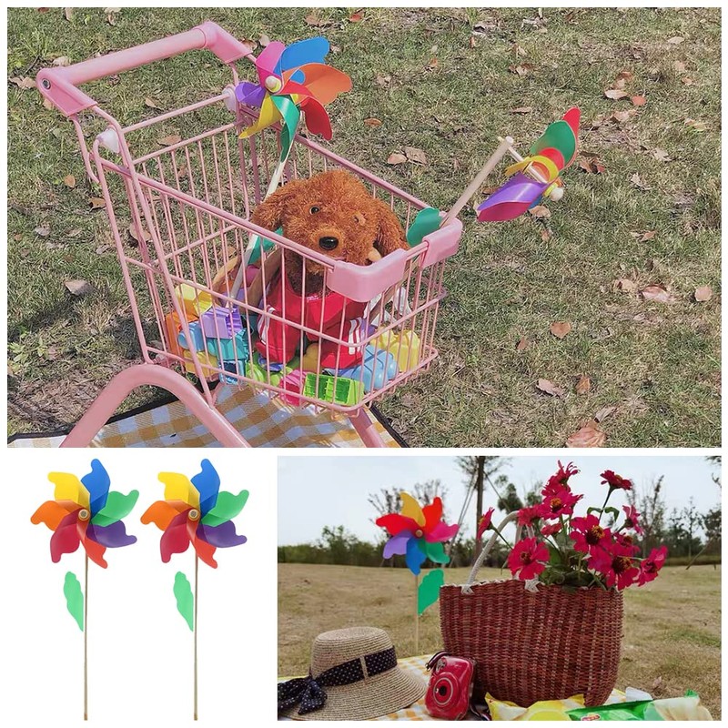 5 Pcs Wind Spinners Wooden Pole Rainbow Windmill Plastic Rainbow