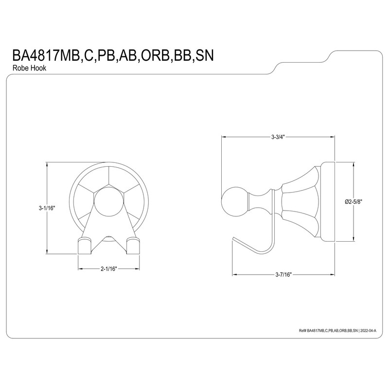 KINGSTON BRASS BA4817SN Metropolitan Robe Hook, Satin Nickel, 3-3/4" Length