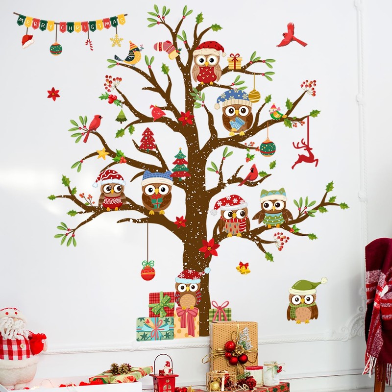 Christmas Owl Tree Window Clings Double Sided Static Vinyl Cling
