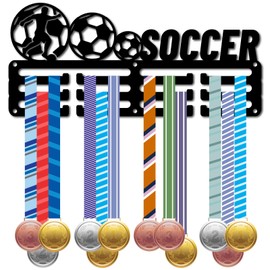 CREATCABIN Football Medal Holder Hanger Medal Display Rack Organizer Metal Small Shelf Soccer Medal Holders Stand Frame Decor Wall Mounted Hanging with 12 Hooks for Athlete Medalist Black 11.4 x 5Inch