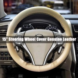 CHUSYYRAY Sand Genuine Stitched Leather Steering Wheel Cover - Size 15"
