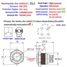 UL Certification 16mm 5/8" Momentary Push Button Switch Waterproof IP67 High Head Cap 3A 5V 12V 24V 120V SPST Screw Pin (3 Pcs)