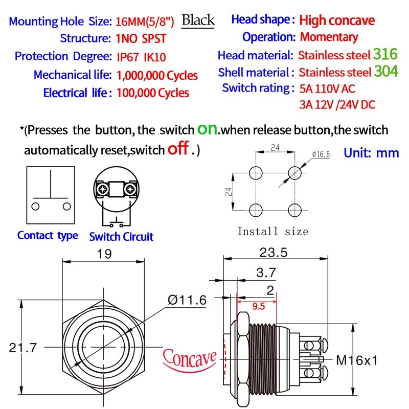 UL Certification 16mm 5/8" Momentary Push Button Switch Waterproof IP67