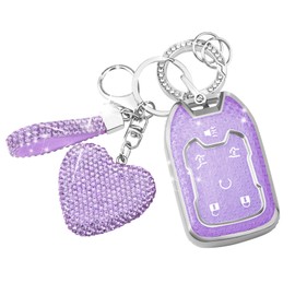 FT FUNTOR for Chevy Key fob Cover with Diamond Keychain Soft TPU Full Protection car Key Cover fit for GMC Suburban Tahoe Silverado Terrain Yukon Sierra Smart Key Holder 6-Button (Silver Trim-Purple)