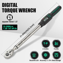 XLIT Digital Torque Wrench Set, 1/2" Drive (7.38-147.6 ft-lb), Buzzer and LED Alerts, Includes Adapters and Extension Bar for Automotive Repair