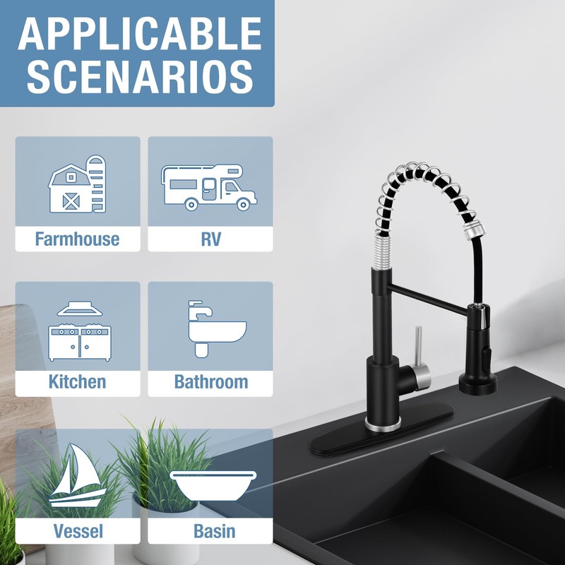 DJS Kitchen Faucets with Pull Down Sprayer Matte Black &