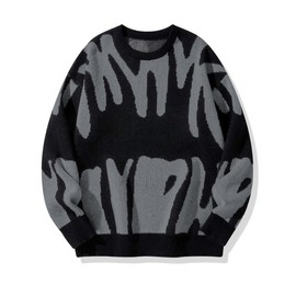 ZAFUL Men's Oversized Sweater Long Sleeve Crewneck Y2K Graphic Color Block Casual Knitted Pullover Sweater (1-Black, S)