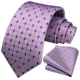 HISDERN Plaid Tie for Men With Handkerchief Woven Classic Men's Purple Necktie & Pocket Square Set