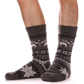 ANTSANG Mens Slipper Socks Fluffy Fuzzy Non Skid Warm Plush Cabin Socks Cozy Fleece Winter Stockings With Gripper(Snowflake Dark Grey(1 Pair))