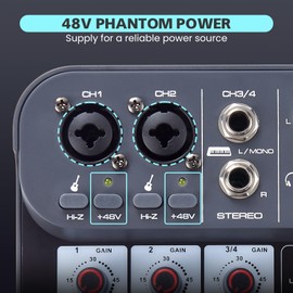 4 Channel DJ Audio Mixer, DJ Mixers Sound Board, Sound Mixer Board XLR 1/4" Interface, BT USB MP3 Computer Input 48V Phantom Power Stereo Karaoke DJ Studio Streaming KTV Stage