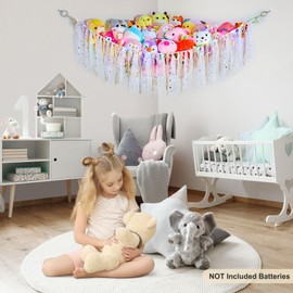 MHJY Toy Hammock Stuffed Animals Storage Net Soft Cuddly Toys Large Corner Hanging Net With LED Light Hand Woven Plush Macrame Organizer with Tassel for Kids Bedroom Nursery