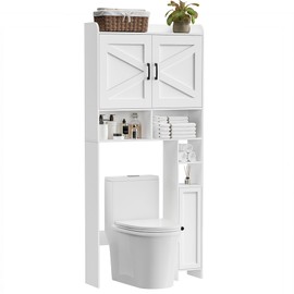 Homhedy Over The Toilet Storage Cabinet with 2 Barn Door and Toilet Paper Holder Stand, FreeStanding Toilet Shelf Space Saver Adjustable Bottom Bar, for Bathroom, Restroom, Laundry, White