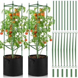 Colingmill 2 Pack 47" Tomato Cages with 10 Gallon Grow Bag Adjustable Tomato Cages for Garden Trellis Pots for Potted Plants Vertical Climbing Vegetables Outdoor Indoor