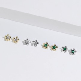Meissa Stud Earrings for Women Sterling Silver Emerald Green Flower Studs Cubic Zirconia Earrings Hypoallergenic for Girls, Silver, Green Stone