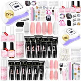 Saviland All-in-1 Poly Gel Nail Kit：6 PCS Nail Extension Kit with 220W U V Light Slip Solution Base & Top Gel Dual Forms U V Gloves for Home Salon