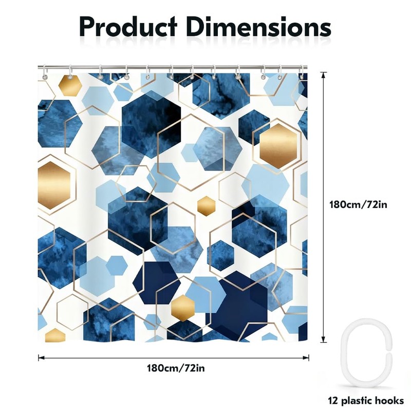 Indigo Gold Geometric Honeycomb Shower Curtain Water-Resistant Polyester Bath Curtain
