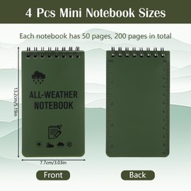 Waterproof Notebook, 4 Pack Mini Notepads, All Weather Pocket Notepad, 3 x 5 Inches Mini Notebooks with Top-Spiral, Pocket Notebook for Home School Office, (Green)