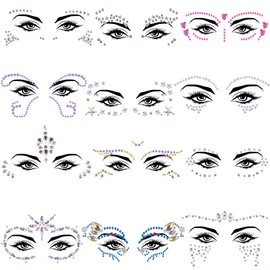 SIQUK 12 Sets Face Jewels Rhinestone Face Gems Stick on Crystal Face Jewel Stickers Mermaid Face Jewels for Rave Carnival Festival Party