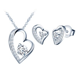 MICSAVI Necklace and Earrings Set Heart Cubic Zirconia 925 Sterling Silver Jewellery Set for Women Girls Necklace Pendant Heart Stud Earrings Jewellery Set, Sterling Silver Zirconia Sterling Silver,