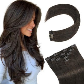 MEI YUAN LIN Clip In Hair Extensions Real Human Hair Darkest Brown Clip In Hair Extensions Double Weft No Tangling, No Split Ends, Easy To Wear 20 Inch 5pcs 80g