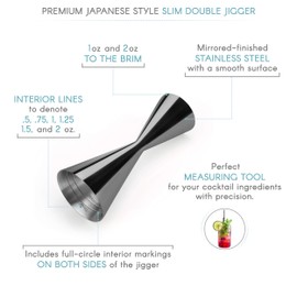 Premium Japanese Stainless Steel Slim Double Cocktail Bar Jigger by VinoBravo with Measurements Inside 2oz. / 1oz. Barware Tool for Home Bars and Professional Bartending Kits (Black)