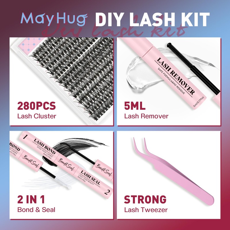 Mayhug Lash Extension Kit,DIY Individual Lashes Clusters,Bond And Seal,Lash Remover