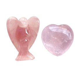Neyisaa 1.5" Prayer Guardian Angel Statue & Heart Love Pocket Stone Set, Carved Palm Stones Figurines Healing Reiki Meditation, Rose Quartz