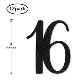 Black Glitter 16th Birthday Centerpiece Sticks, 12-Pack Number 16 Table Topper Anniversary Party Decorations