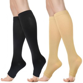 2 Pairs Open Toe Compression Socks for Men & Women 15-20 mmHg Knee High Flight & Travel Socks for Circulation Support (S/M)