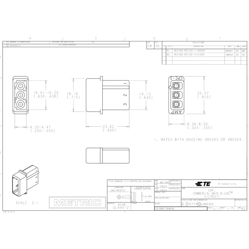 TE/AMP 3 Pin Strobe Bulb Power Supply Male Connector Plug