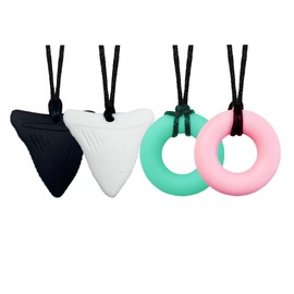 4er-Pack Baby-Kau-Halskette, Weiche Sensorische Stillhilfen Silikon Haifisch-Zahn-Form und Donut-Form Beißring für Erwachsene & Kleinkinder