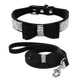 Beirui Rhinestone Bling Leather Dog Collar and Leash Set - Soft Flocking Sparkly Crystal Diamonds Studded - Cute Double Bowknot Cat Collar with 4 Foot Leash for Pet Show,Black,Neck:6-8"