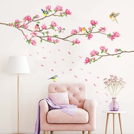 DECOWALL SG-2117 Cherry Blossom Wall Sticker Hanging Wall Sticker Pink Flowers Branches Birds Wall Sticker Bedroom Living Room Window Wall Decoration