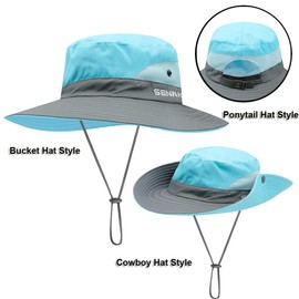 Children Wide Brim Bucket Hat 3-8 Years Girls Ponytail Sun Hat Boys Mesh Cool Hat Anti UV Sun Protection Hat with Strap Kids Holiday Beach Hat Cycling Hiking Summer Hat Outdoor Sun Visor Cap