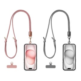 EKAX 2 Pack Crossbody & Neck Phone Strap, Customizable Neck Strap with 0.5mm Removable Phone Tab, Hands-Free Holder for Phone Cases (Rose Pink+Ash Gray)