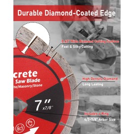 ZORUNNA 7 inch Diamond Saw Blades, 1/4" Segment Width Concrete Cutting Wheel, 7/8"-5/8" Arbor Diamond Blade for Angle Grinder Dry/Wet Cutting on Masonry, Brick, Block, Stone. (2 Pack)