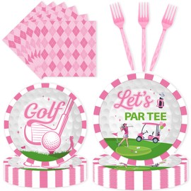 96 Pcs Golf Party Decorations, Pink Let's Par Tee Plates Napkins Forks for 24 Guests, Cute Golf Themed Tableware Set Party Supplies for Women or Girls